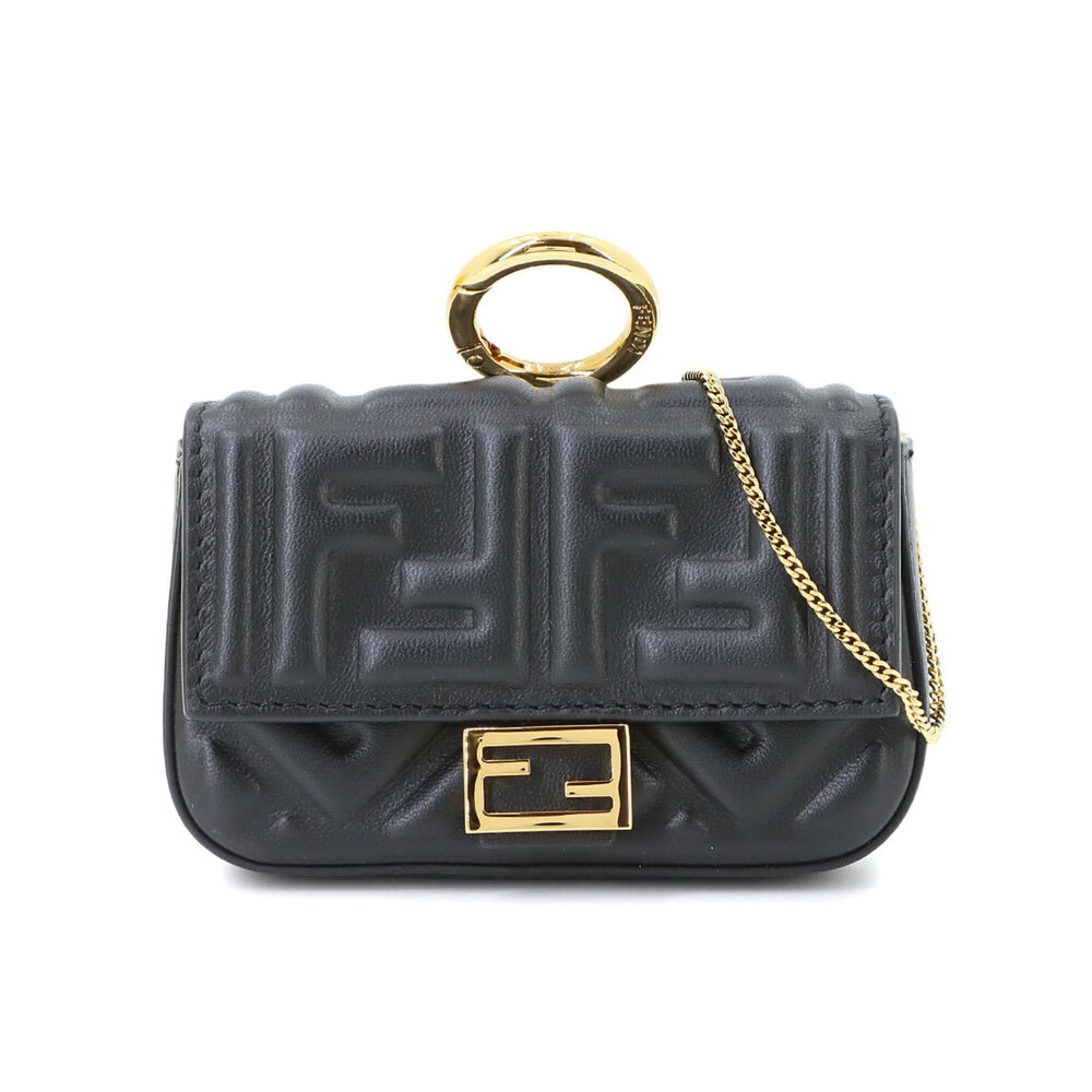 Fendi Nano Baguette Mini Chain Shoulder Accessory Bag Charm Leather Black Gol...